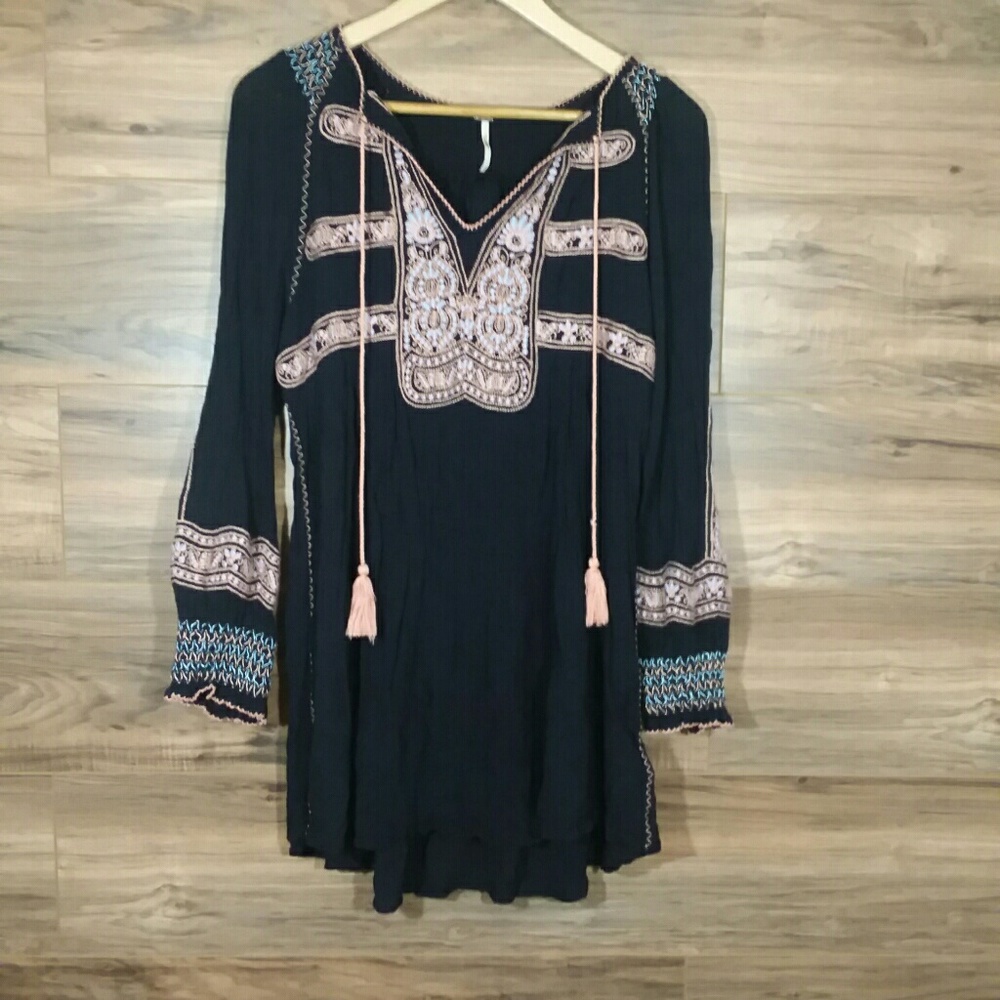 Free People Wind Willow Embroidered Black Tunic